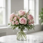 Bouquet di rose cipria con alstroemerie e gypsophila in vaso di vetro, simbolo di eleganza e dolcezza, realizzato da Fiori Express Milano.