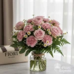 Bouquet elegante di rose cipria e fiori delicati in vaso di vetro, decorato con corda naturale, realizzato da Fiori Express Milano.