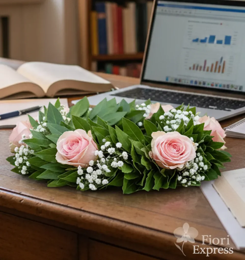 Corona di alloro con rose rosa e fiori bianchi su scrivania da studio – Consegna corone di laurea a Milano con Fiori Express