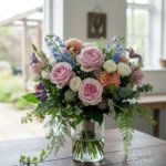 Bouquet di fiori misti con rose rosa, dalie pesca e lisianthus bianchi, realizzato da Fiori Express a Milano
