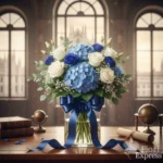 Bouquet di laurea blu elegante con rose bianche, lisianthus e ortensia, confezionato con nastro blu – Fiori Express Milano