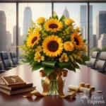 Bouquet di laurea giallo con girasoli, rose e alstroemeria, ideale per Economia – Fiori Express Milano